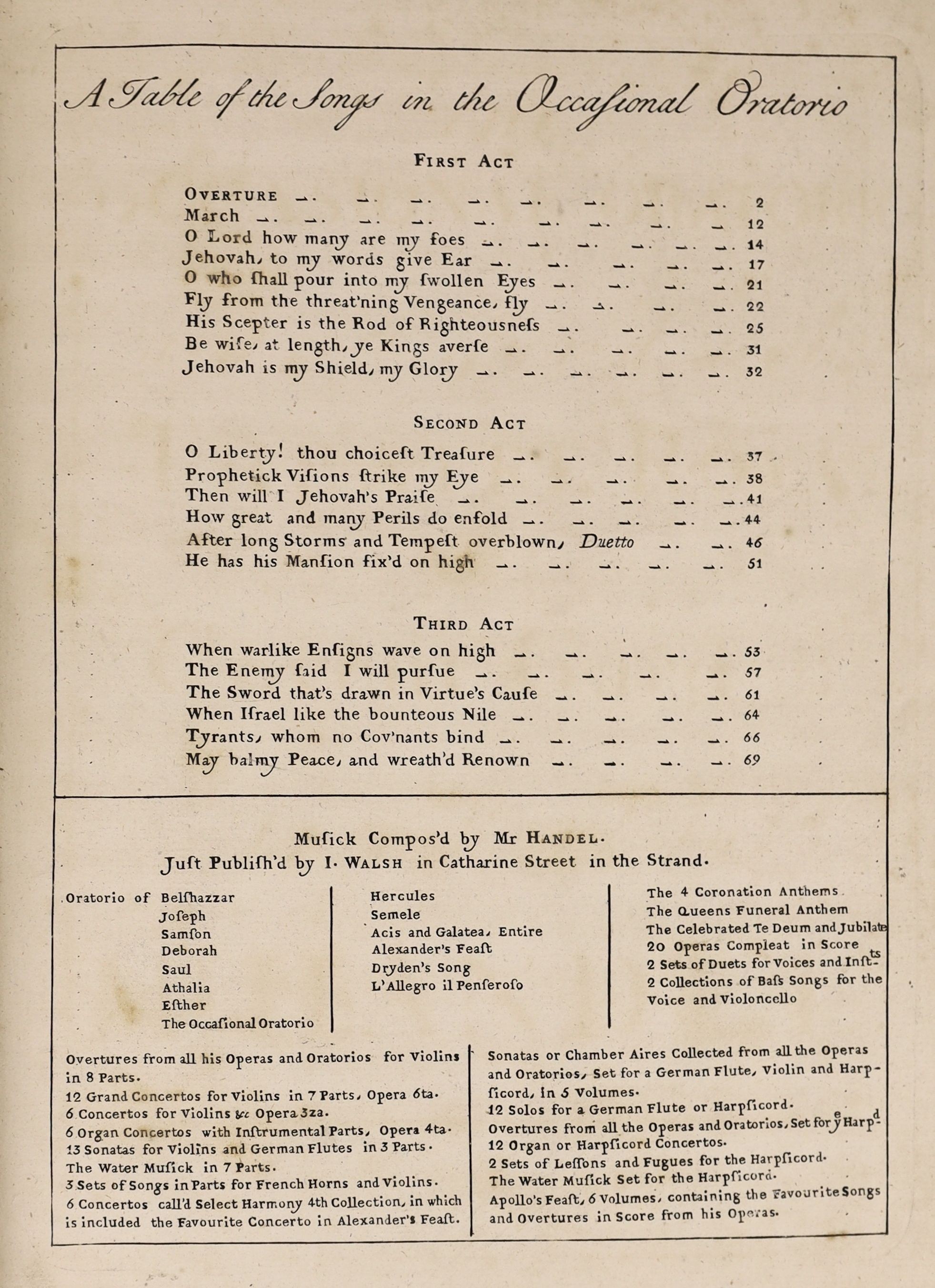 Handel, George Friedrich - The Occasional Oratorio as it is Perform'd at the Theatre Royal in Covent Garden. Set to Musick by Mr. Handel. (2nd edition). part engraved title within a black rule; (3), (1)-78.; contemp. mar